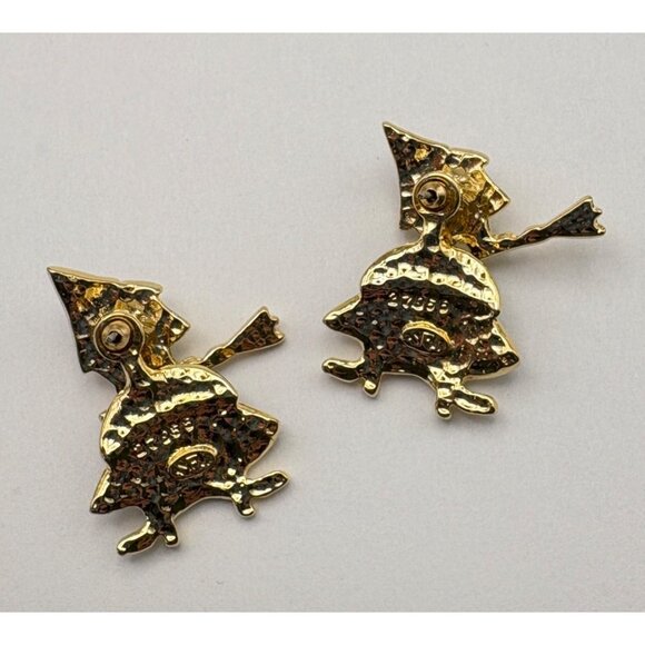 Halloween Witch Front Back Earrings Gold Tone Enamel Green Face Whimsical - Picture 2 of 6